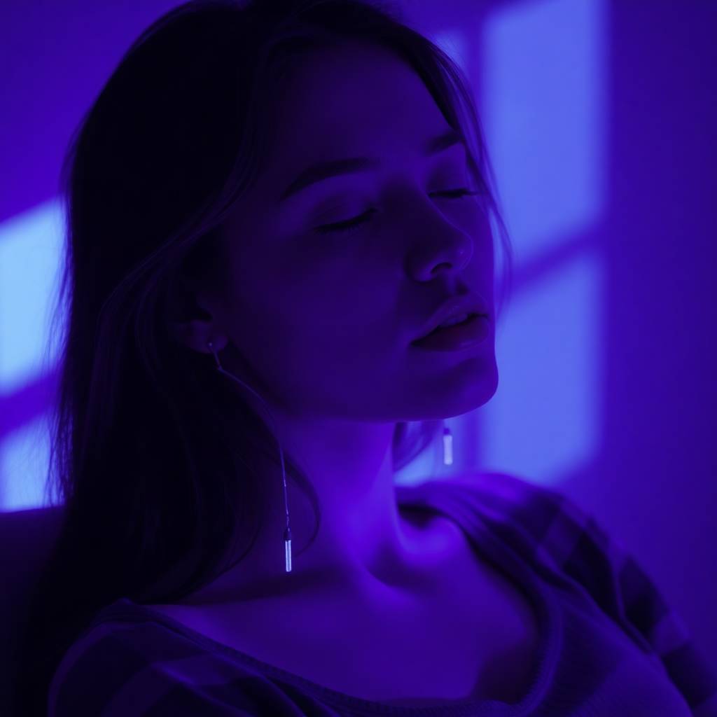 A soft dreamy depiction of a young woman in therapy, using deep ultraviolet hues, high contrast, low key lighting and hazy light. Deep shadows create a dramatic effect with vivid purples